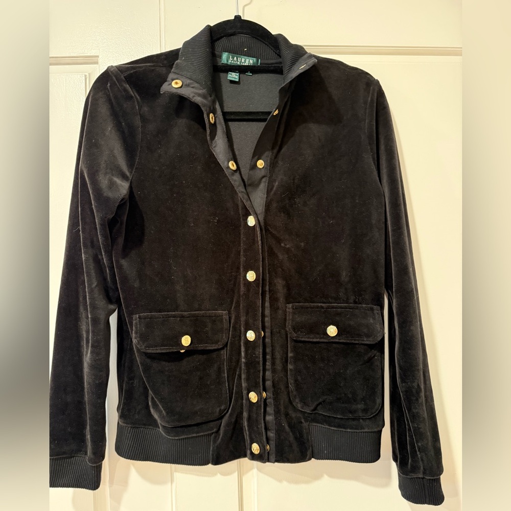 Ralph Lauren Black velvet bomber Jacket with Gold Accents